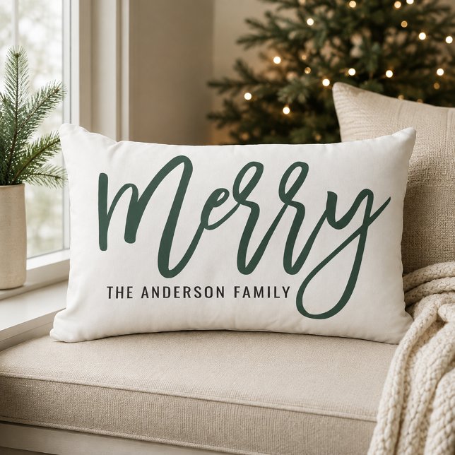 Coussin Rectangle Joyeux chasseur vert écriture famille Noël (Créateur téléchargé)