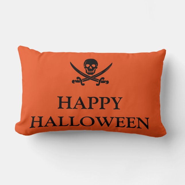 Coussin Rectangle Joyeux crâne d'Halloween avec son Broom Orange Thr (Recto)