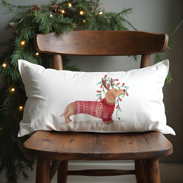 Coussin Rectangle Joyeux et lumineux | Chandail de Noël Dachshund Do (Merry & Bright | Dachshund Dog Christmas Sweater Lumbar Pillow)