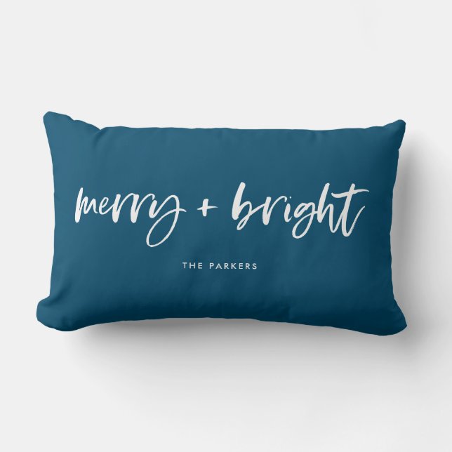 Coussin Rectangle Joyeux et lumineux | Décontracté Script bleu Noël (Recto)