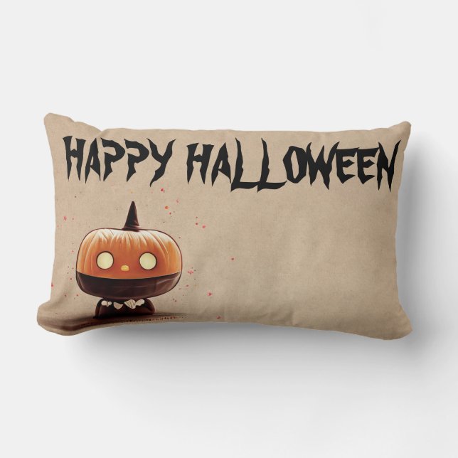 Coussin Rectangle Joyeux Halloween Sorcière avec son Balai Orange La (Recto)