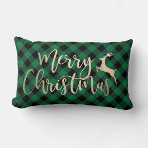 Coussin Rectangle Joyeux Joyeux Noël Or Noir & Vert Plaid