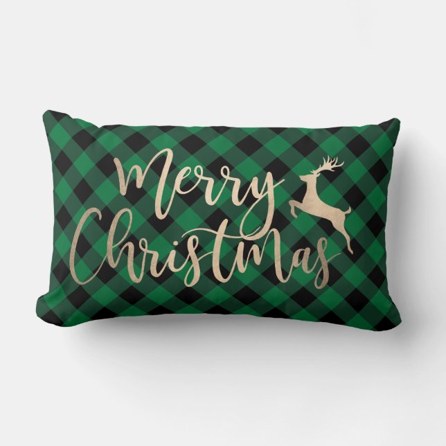 Coussin Rectangle Joyeux Joyeux Noël Or Noir & Vert Plaid (Recto)