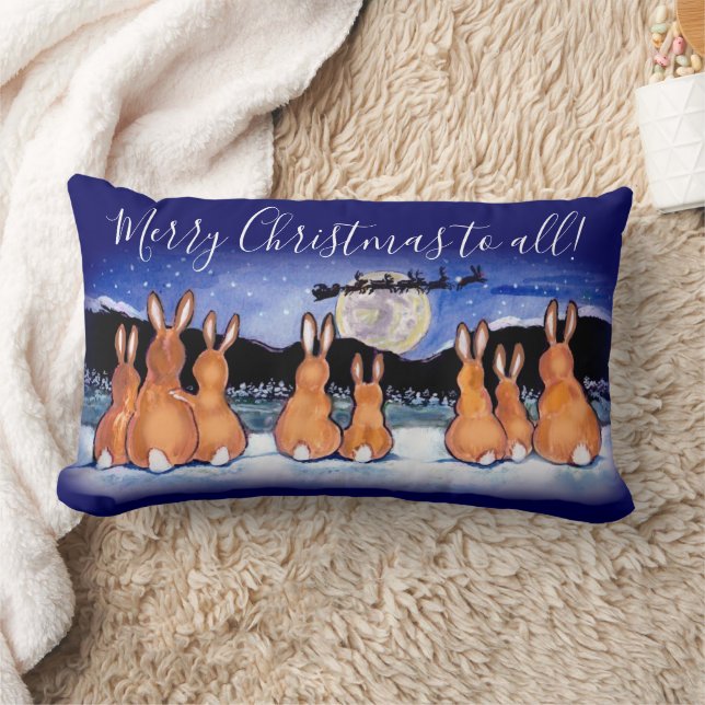 Coussin Rectangle Joyeux Noël bleu lapin scène de nuit Sleigh (Couverture)