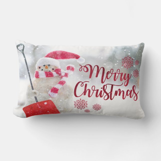 Coussin Rectangle Joyeux Noël, bonhomme de neige avec chapeau de Pèr (Recto)