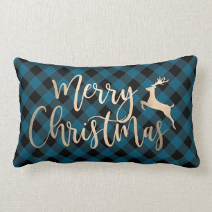 Coussin Rectangle Joyeux Noël d'or Noir et Bleu Plaid