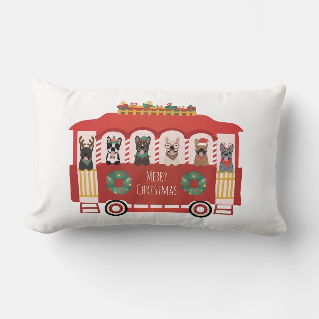 Coussin Rectangle Joyeux Noël Français Bulldogs Vacances Trolly (Recto)