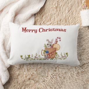 Coussin Rectangle Joyeux Noël Lapin Scène d'hiver