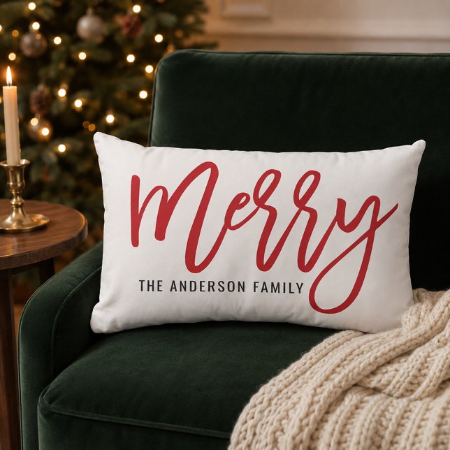 Coussin Rectangle Joyeux Noël Nom de Famille Script Rouge (Créateur téléchargé)