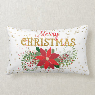 Coussin Rectangle Joyeux Noël Parties scintillant or Poinsettia