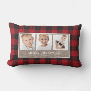 Coussin Rectangle Joyeux Noël Rustique Rouge Buffalo Plaid 3 Photos