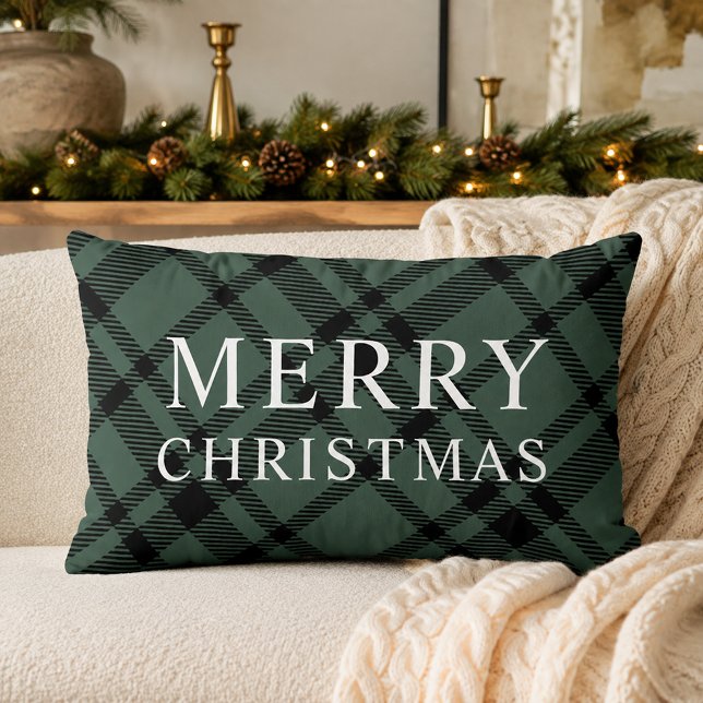 Coussin Rectangle Joyeux Noël Vert Chasseur Plaid Noir (Créateur téléchargé)