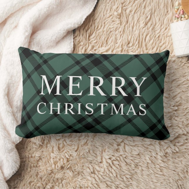 Coussin Rectangle Joyeux Noël Vert Chasseur Plaid Noir (Couverture)