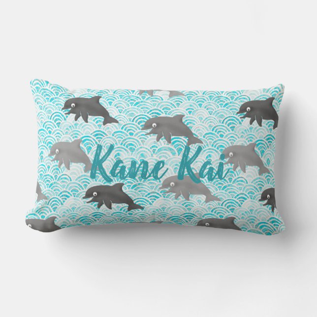Coussin Rectangle Keiki Aquarelle Dauphin Vague Et Plaid Réversible (Recto)