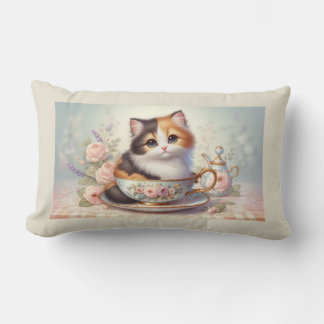 Coussin Rectangle Kitten in Teacup Vintage Floral Tea Party Cat Art