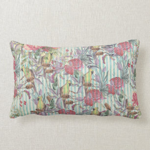 Coussin Rectangle La grunge rose verte vintage barre l'oiseau floral