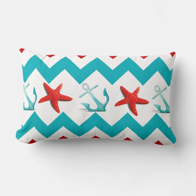 Coussin Rectangle La plage nautique Chevron turquoise rouge ancre (Recto)