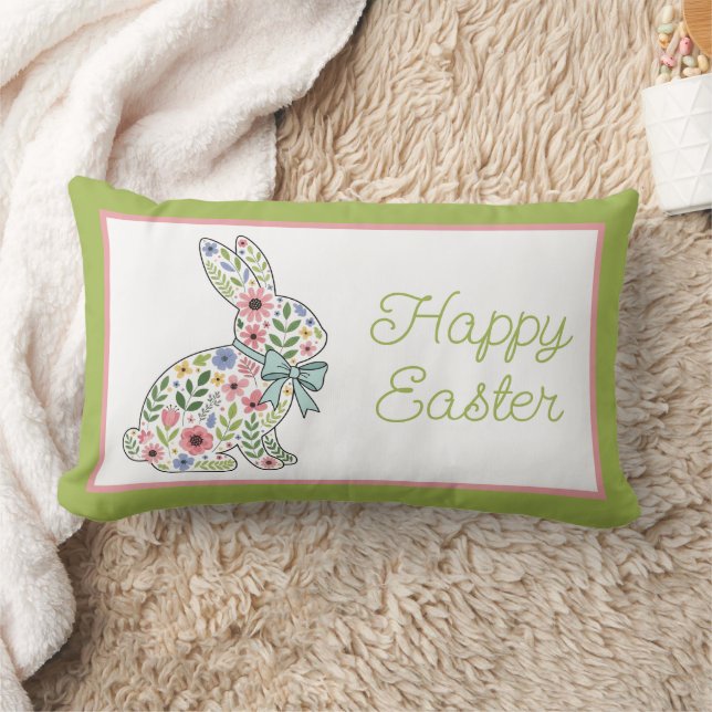 Coussin Rectangle Lapin de Pâques aux fleurs sauvages roses et bleue (Couverture)