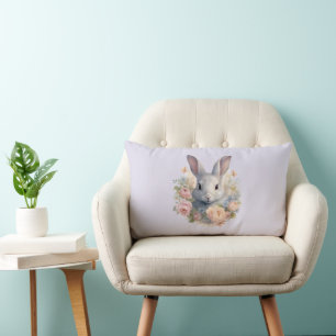 Coussin Rectangle Lapin entouré de fleurs pastel Mignon