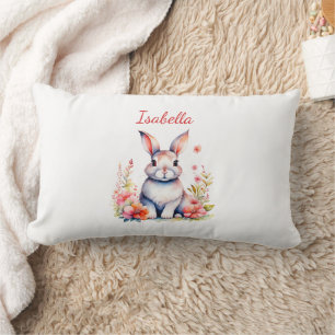 Coussin Rectangle Lapin personnalisé aux fleurs roses