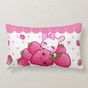 Coussin Rectangle Lapin rose mignon avec des fraises de kawaii