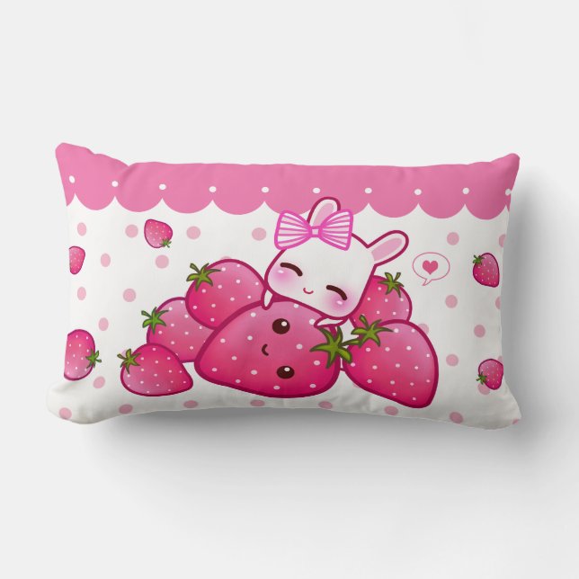 Coussin Rectangle Lapin rose mignon avec des fraises de kawaii (Recto)