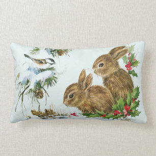 Coussin Rectangle Lapins mignons avec des baies de houx de Noël