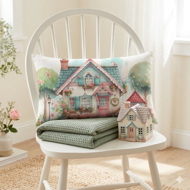Coussin Rectangle L'art de la maisonnette féerique aux couleurs past (Whimsical Pastel Fairy Tale Cottage Art Lumbar Pillow Mockup A)
