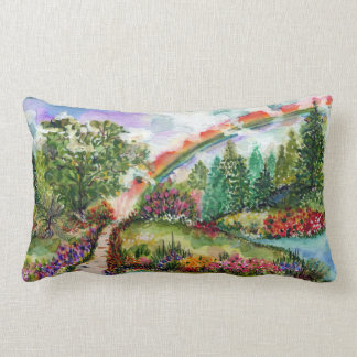 Coussin Rectangle Le Chemin. Arc en ciel et fleurs.