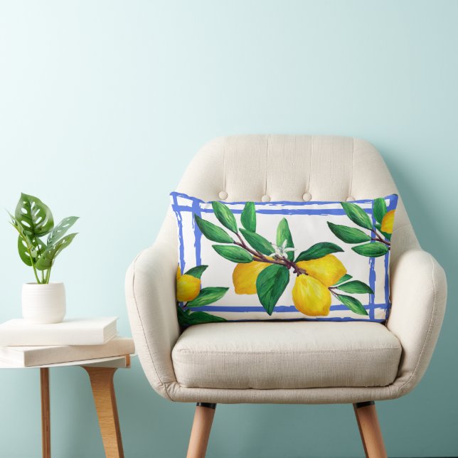 Coussin Rectangle Lemon Leaves Citrus Yellow Green Leaf Blue Lattice (Chaise)