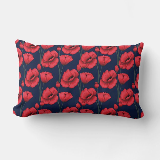 Coussin Rectangle Les coquelicots de Crimson en bleu de Navy (Recto)