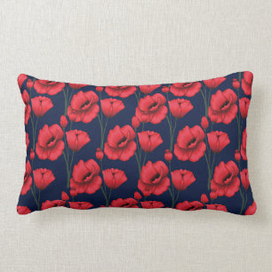 Coussin Rectangle Les coquelicots de Crimson en bleu de Navy