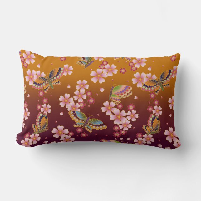 Coussin Rectangle Les papillons japonais au milieu de l'or des fleur (Recto)