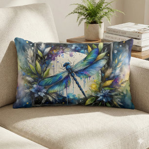 Coussin Rectangle Libellule bleue botanique aquarelle