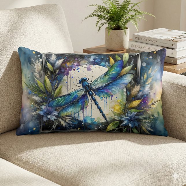 Coussin Rectangle Libellule bleue botanique aquarelle (Blue Dragonfly Watercolor Botanical Lumbar Pillow Mockup A)