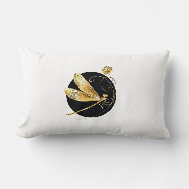 Coussin Rectangle libellule d'or en cercle noir (Recto)