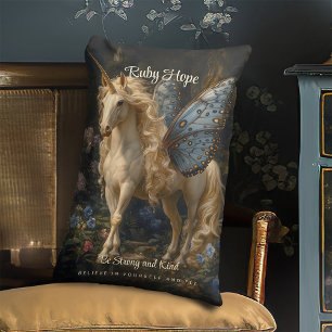 Coussin Rectangle Licorne blanche avec des ailes de papillon bleu po
