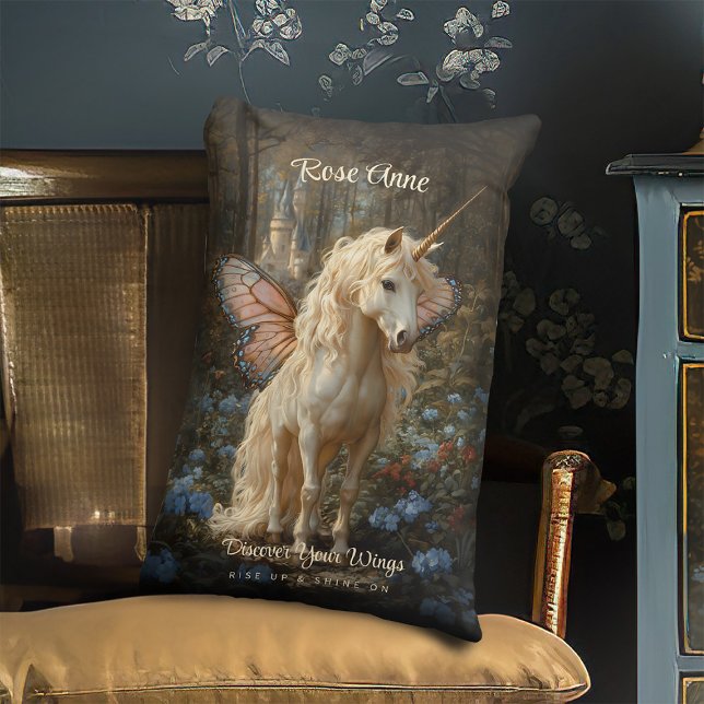 Coussin Rectangle Licorne blanche Papillon rose Ailes Fée Cheval (Créateur téléchargé)