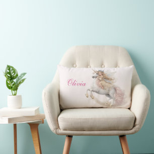 Coussin Rectangle Licorne cabrée personnalisée à la crinière rose fl