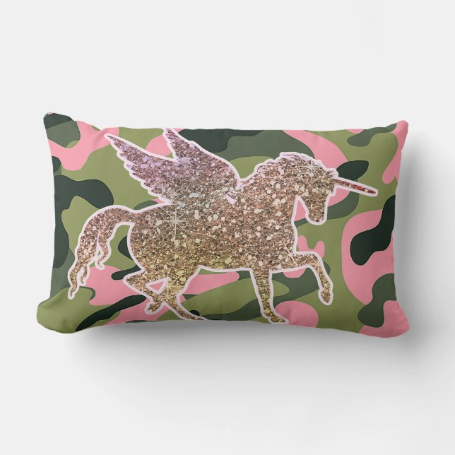 Coussin Rectangle Licorne Camouflage Vert Rose & Paillettes Dorées (Recto)