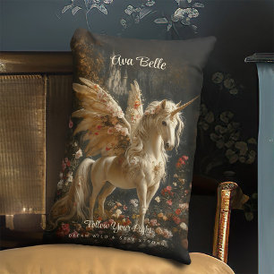 Coussin Rectangle Licorne Cheval Fée Avec Ailes à Plumes Florales en