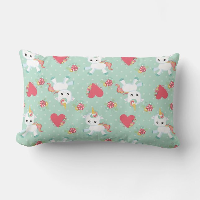 Coussin Rectangle Licorne mignonne petit motif pois turquoise (Recto)