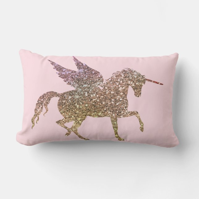 Coussin Rectangle Licorne Pégase Cheval Pailleté Strass Doré Tendanc (Recto)