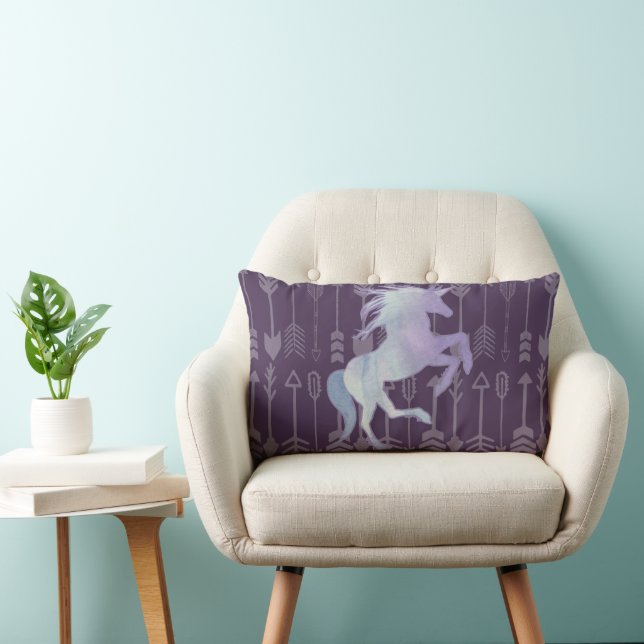 Coussin Rectangle Licorne rose, violette et noire et motif fléché (Chaise)