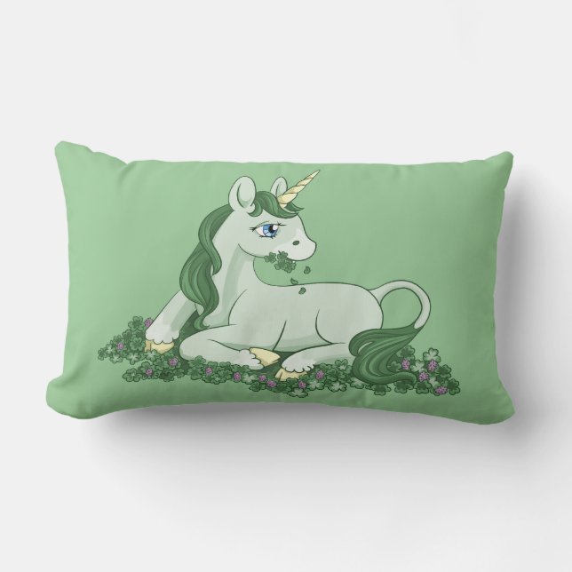 Coussin Rectangle Licorne verte mignonne de trèfle (Recto)