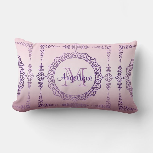 Coussin Rectangle Lilas Girly de bijou de cadre de monogramme de (Recto)