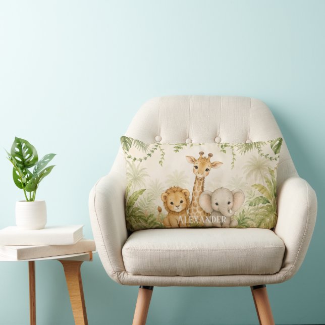 Coussin Rectangle Lion, girafe et éléphant bébé jungle personnalisée (Chaise)