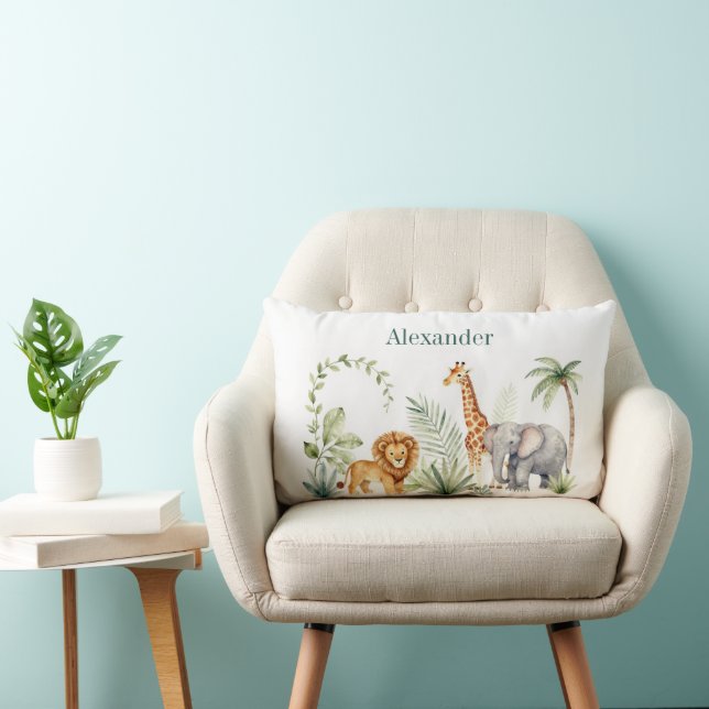 Coussin Rectangle Lion Girafe et Éléphant de Jungle Personnalisé (Chaise)