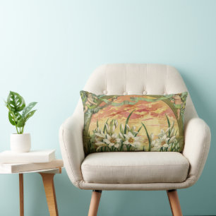 Coussin Rectangle Lis de Pâques vintage au lever du soleil et anges