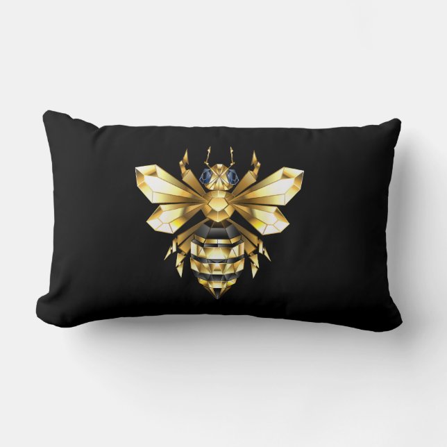 Coussin Rectangle Logo Faux Gold Foil Bee Polygonal sur Noir (Recto)